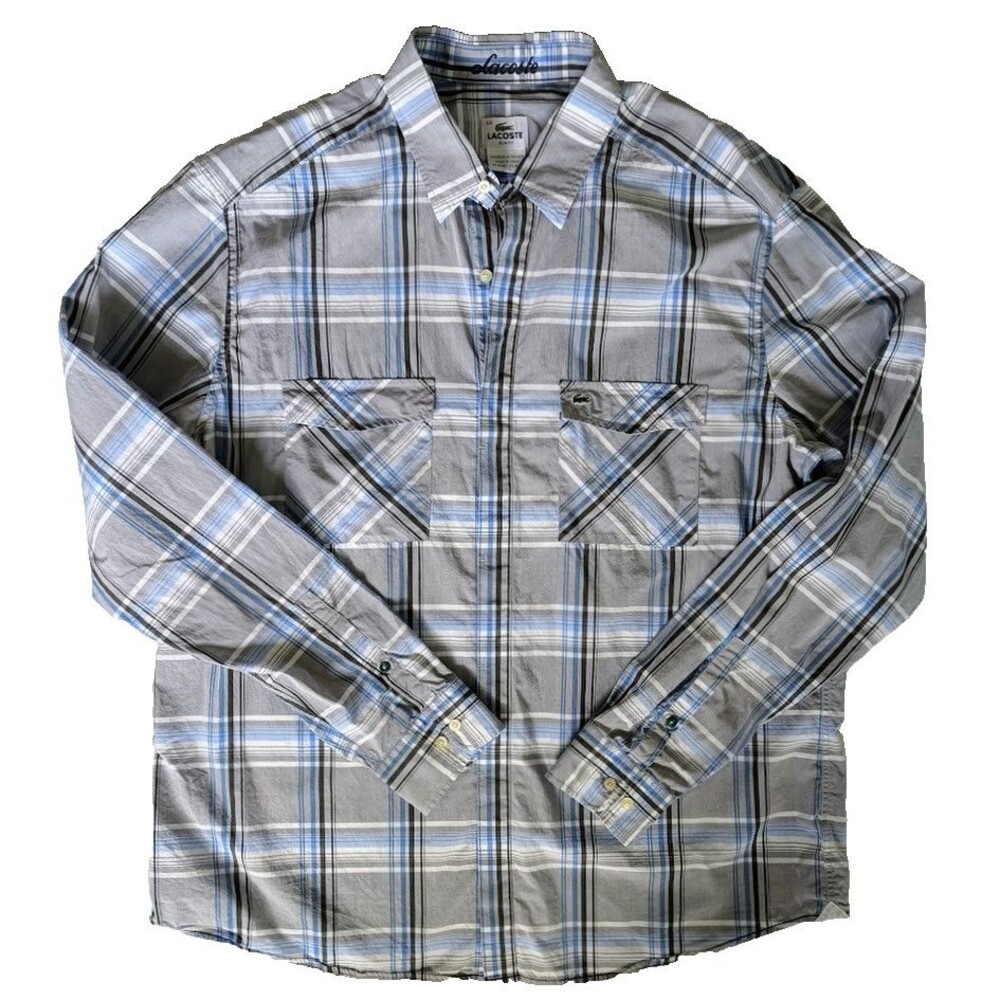 Lacoste Slim Fit Dress Shirt Men’s 44 Gray Plaid Long Sleeve Button Up